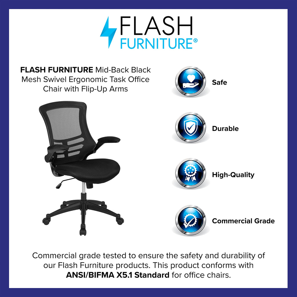 Flash Furniture Set of 4 Mid-Back Swivel Ergonomic Task Office Chairs with Flip-Up Arms, Black Mesh
