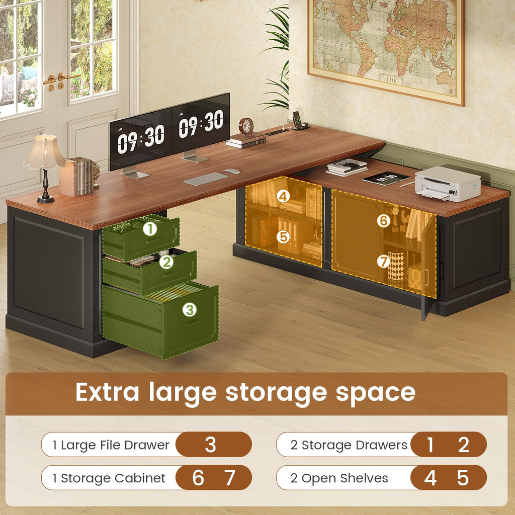 SEDETA Farmhouse 70.9" Executive Desk, Home Office Desk with File Drawers and Storage Cabinet, Computer Desk with Power Outlet for Home Office, Work Study Writing, Black+Brown