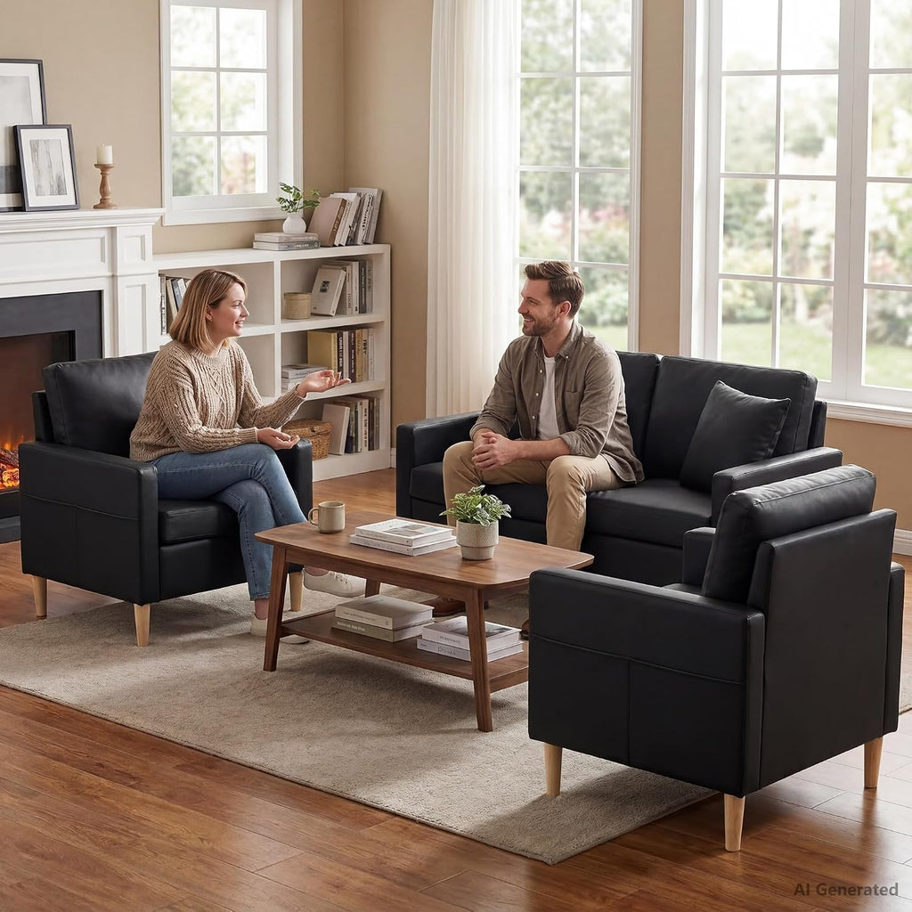 3 Piece Black Faux Leather Modern Small Couch and Chair Set for Office