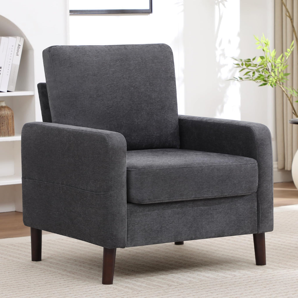 Accent Chair Set of 2, Upholstered Living Room Chairs with Wood Legs and Side Pockets, Modern Reading Chair for Bedroom, Armchair Single Sofa Side Chair for Office, Small Room, Dark Grey