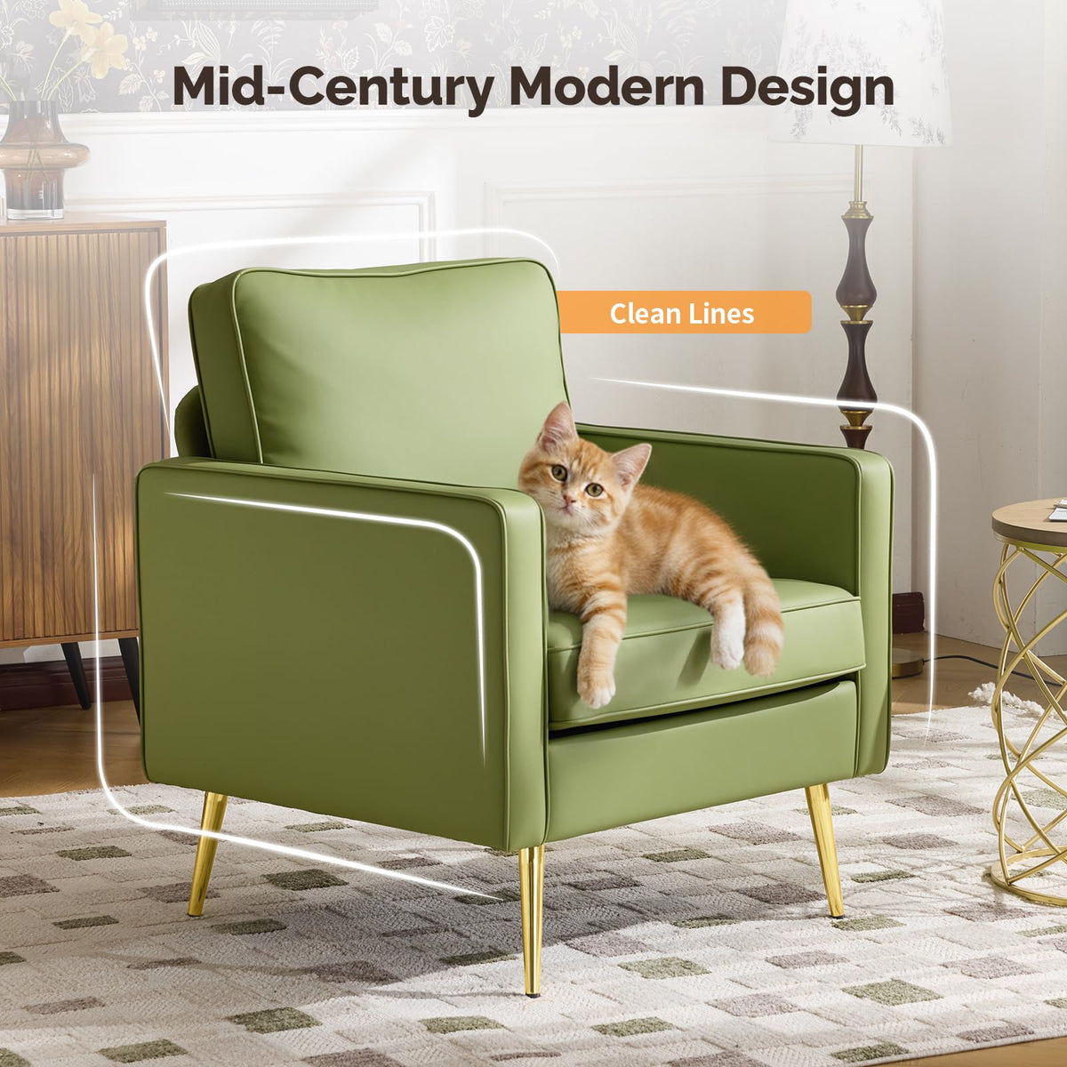 VINGLI Faux Leather Accent Chairs Set of 2 with Gold Legs for Living Room