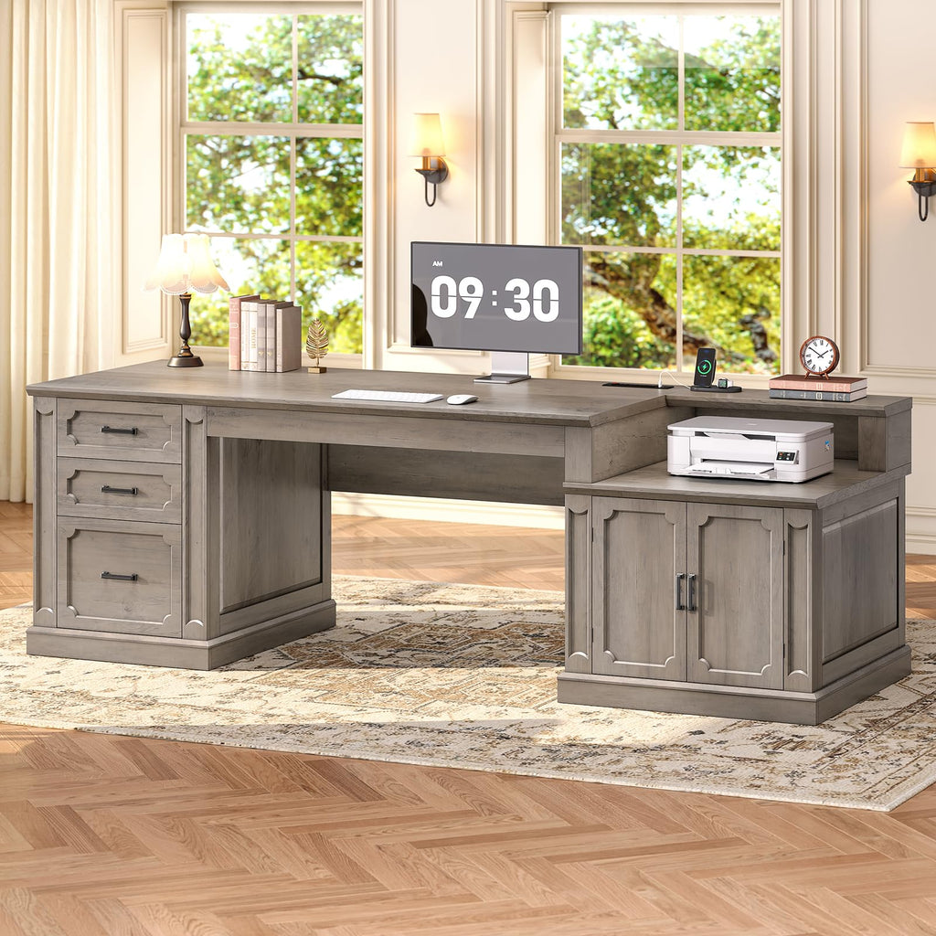 SEDETA Farmhouse 70.9" Executive Desk, Home Office Desk with File Drawers and Storage Cabinet, Computer Desk with Power Outlet for Home Office, Work Study Writing, Black+Brown