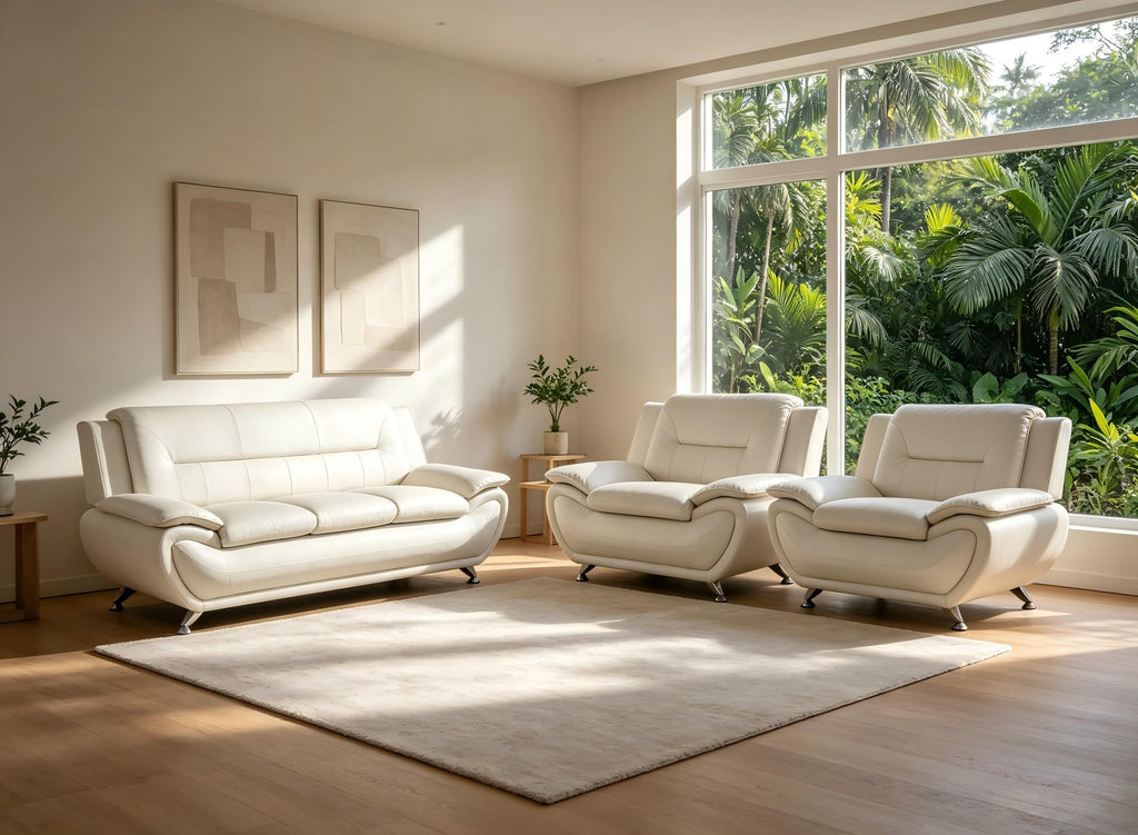 Creamy White Living Room Furniture Set, 2-Piece Modern Faux Leather Couches for Home, Living Room Sofa Sets, 3-Seater Sofa and Loveseat with Metal Feet, Couch Set for Bedroom, Hotel, Office