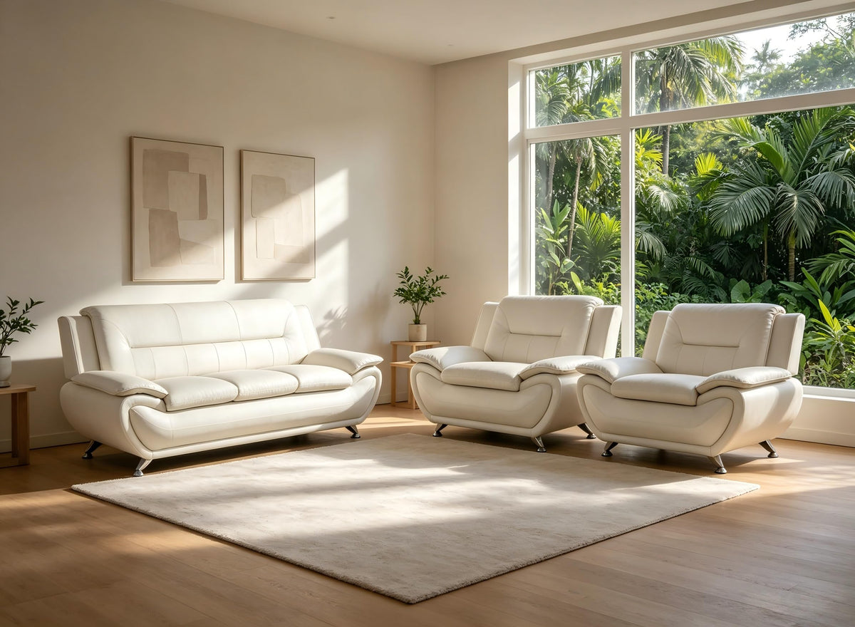 Creamy White Living Room Furniture Set, 2-Piece Modern Faux Leather Couches for Home, Living Room Sofa Sets, 3-Seater Sofa and Loveseat with Metal Feet, Couch Set for Bedroom, Hotel, Office