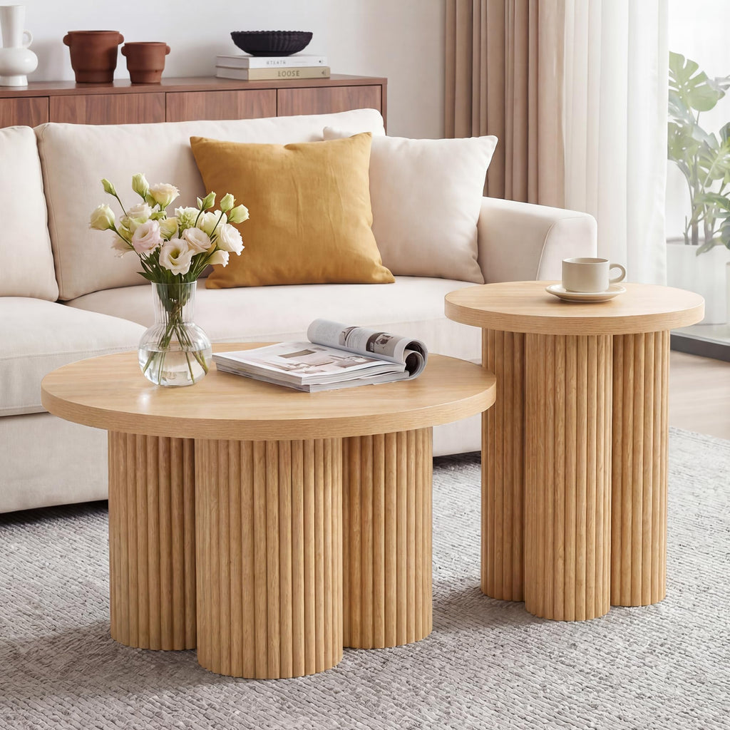 Round Nesting Coffee Table Set of 3 Fluted Coffee Table (Natural)