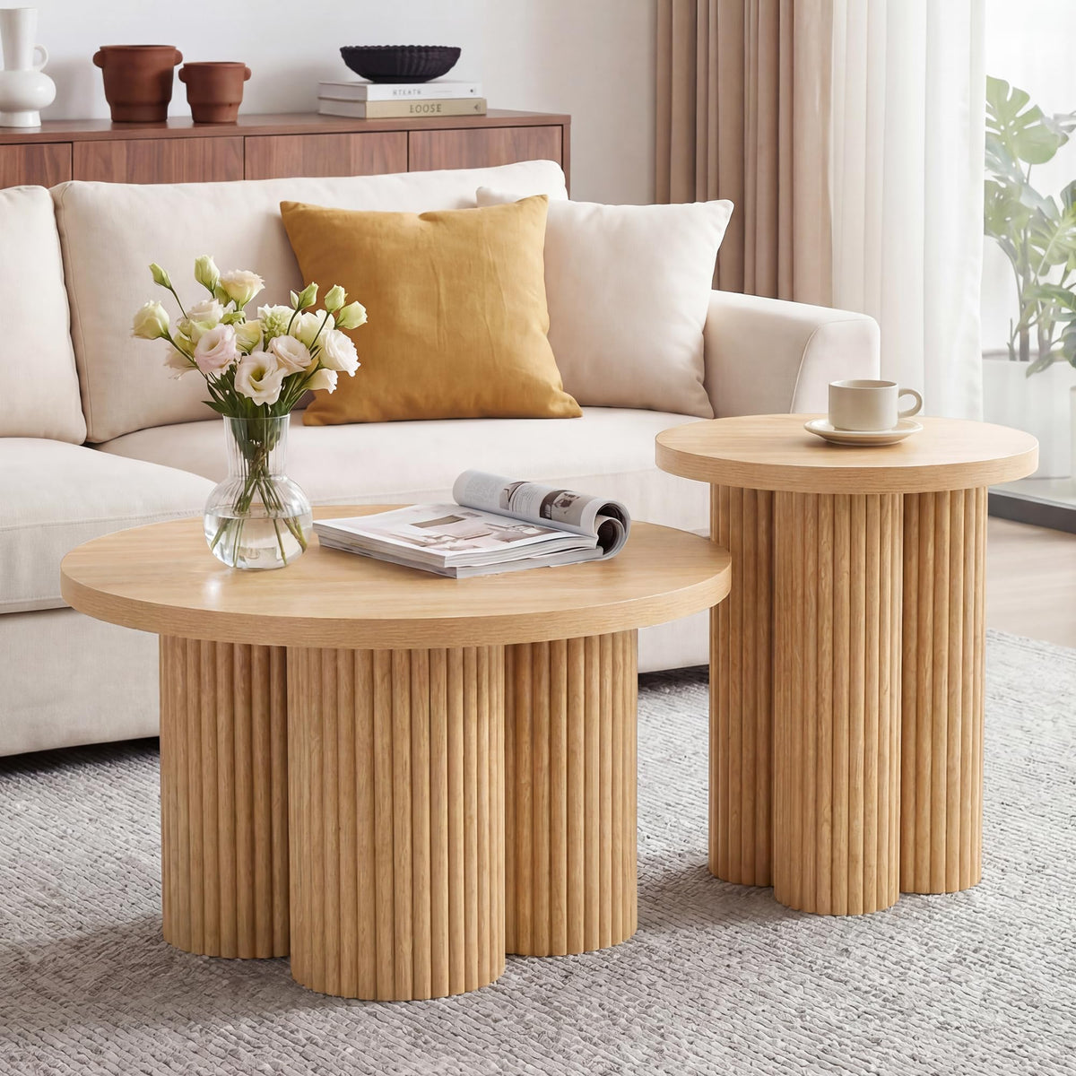 Round Nesting Coffee Table Set of 3 Fluted Coffee Table (Natural)