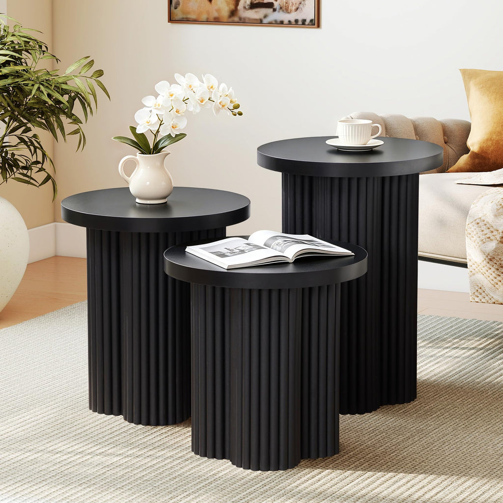 Round Nesting Coffee Table Set of 3 Fluted Coffee Table (Natural)