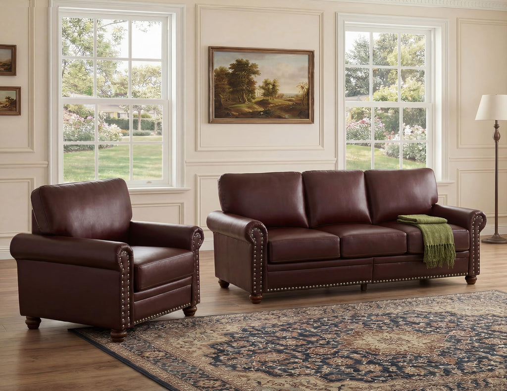 2 Piece Couch Sets for Living Room,Mid Century Modern Couch with Storage Nailhead Trim & Rolled Armrests,Deep Seat Comfy Couch,Furniture Set for Living Room,Bedroom,Office(Navy Blue,Loveseat+3 Seater)