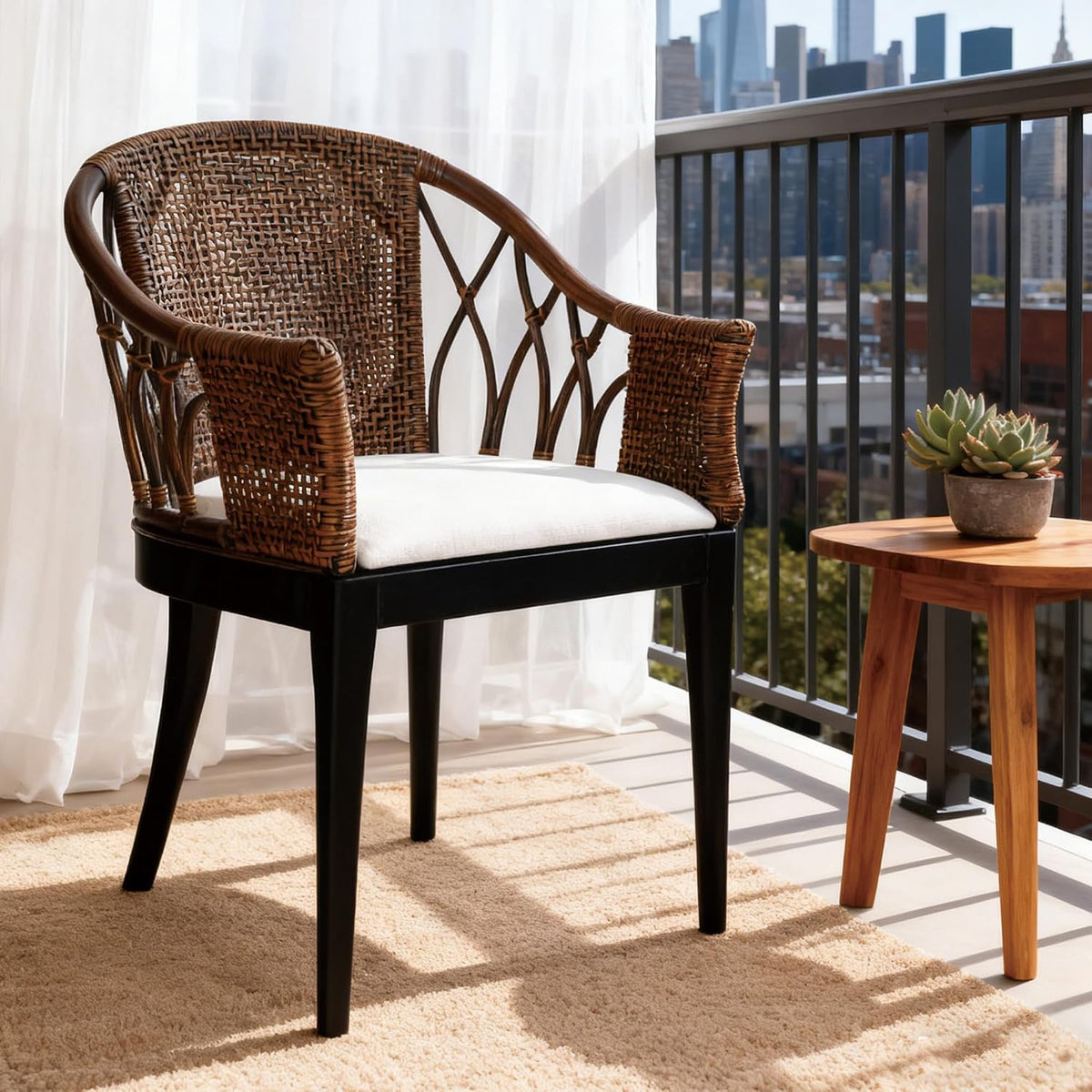 DUHOME 2 Sets Wood Rattan Arm Accent Chairs Natural Wash/White Cushion
