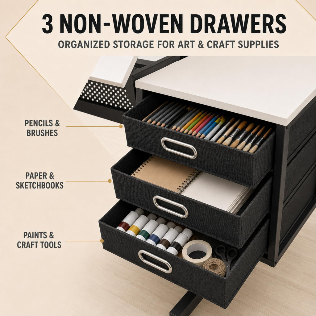 Artist Desks, Drafting Table with Stool & 3 Storage Drawersï¼Black