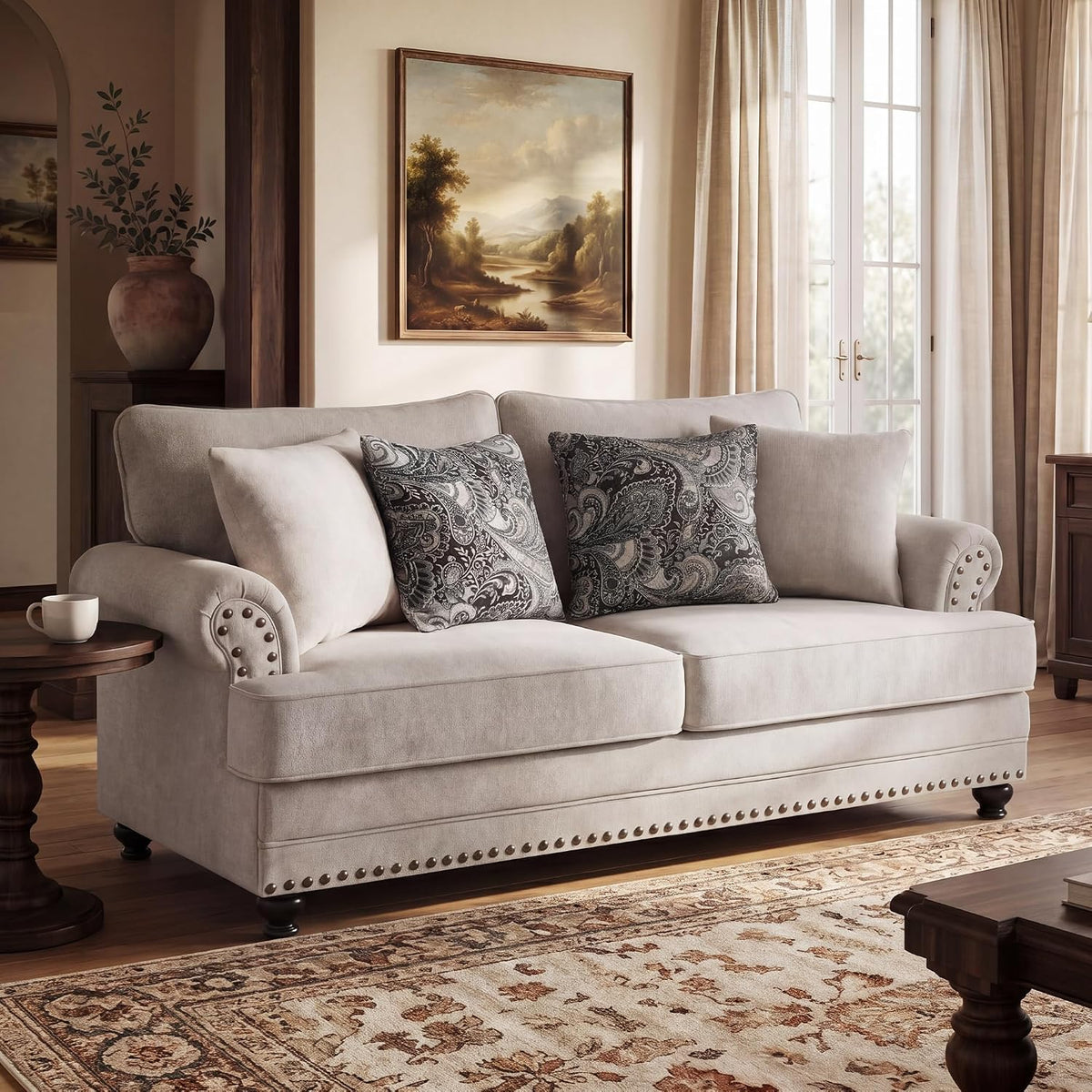 Modern Farmhouse Loveseat Sofa, Chenille Upholstery with Nailhead Trim, Small Couch for Living Room, Bedroom, Office, or Apartment, Includes 4 Accent Pillows