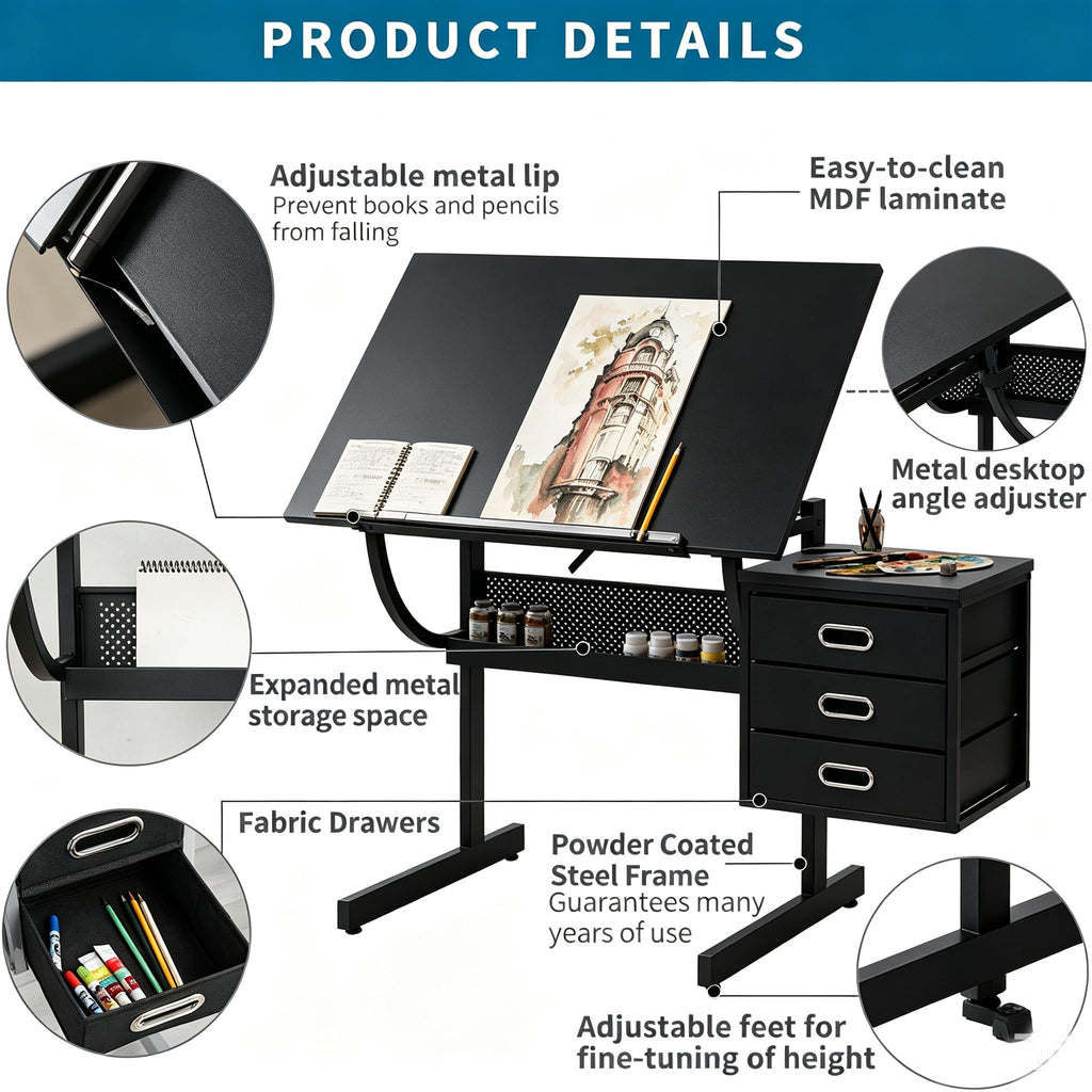 Height Adjustable Tilt Drafting Table with 2 Storage Drawers & Stool Brown