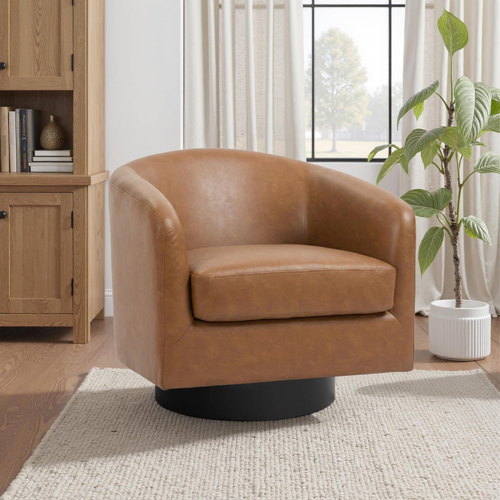 Faux Leather Swivel Accent Chairs Set of 2, Barrel Armchair, Brown