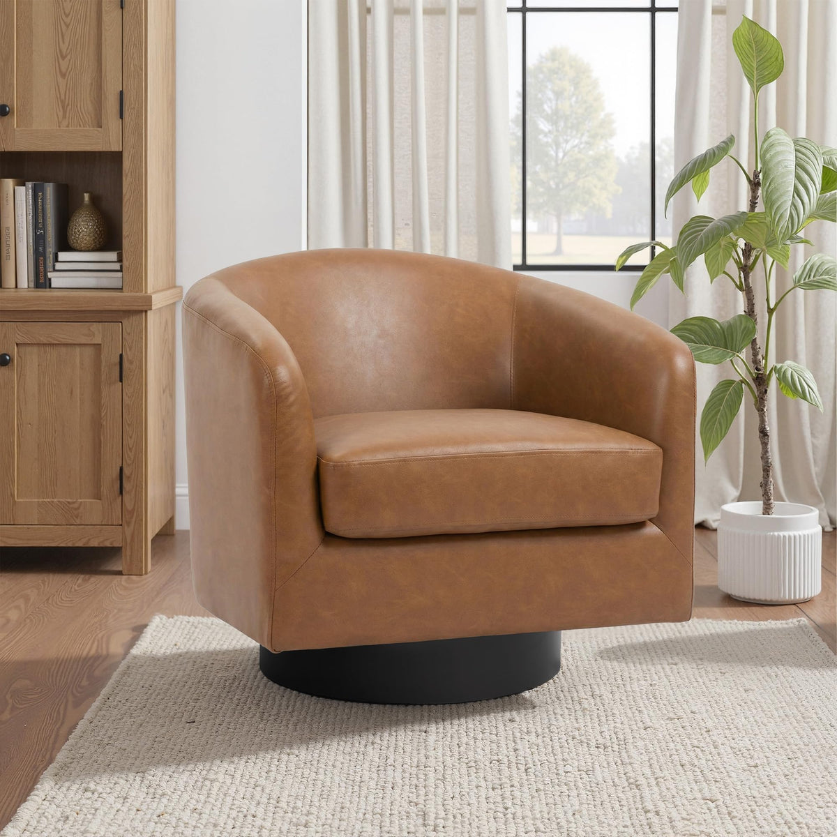 Faux Leather Swivel Accent Chairs Set of 2, Barrel Armchair, Brown