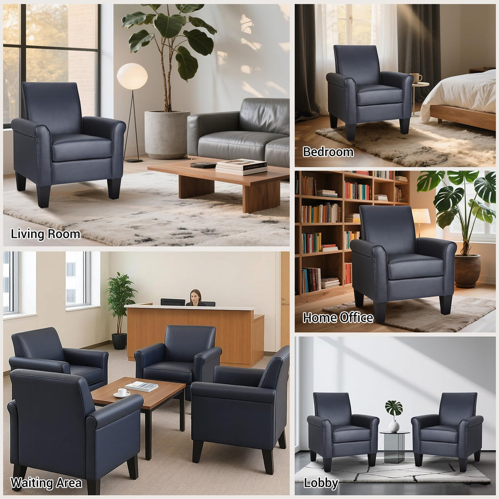 Faux Leather Accent Chair Set of 2, Mid Century Modern Living Room Chair, Upholstered Comfortable PU Leather Armchair for Bedroom, Office or Waiting Areas-Black