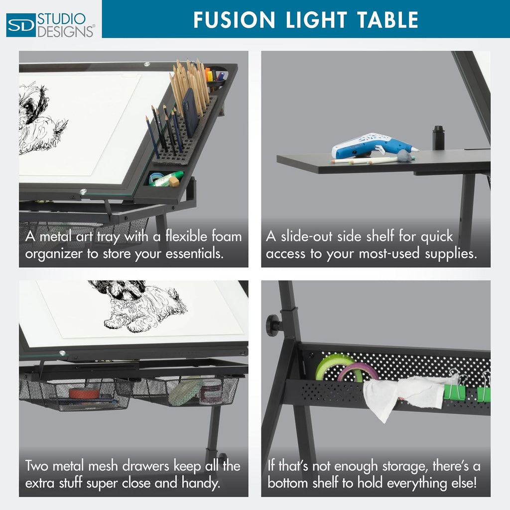 Studio Designs Fusion Drafting Table with Integrated LED Light Pad, Height & Angle Adjustable Tempered Glass Light Table, Artograph Light Pad, Storage Drawers & Side Shelf