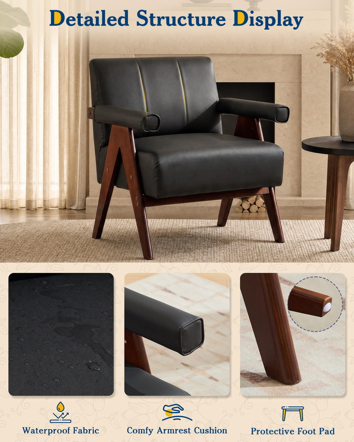 Mid Century Modern Black Faux Leather Accent Chair Set 2 Solid Wood Frame