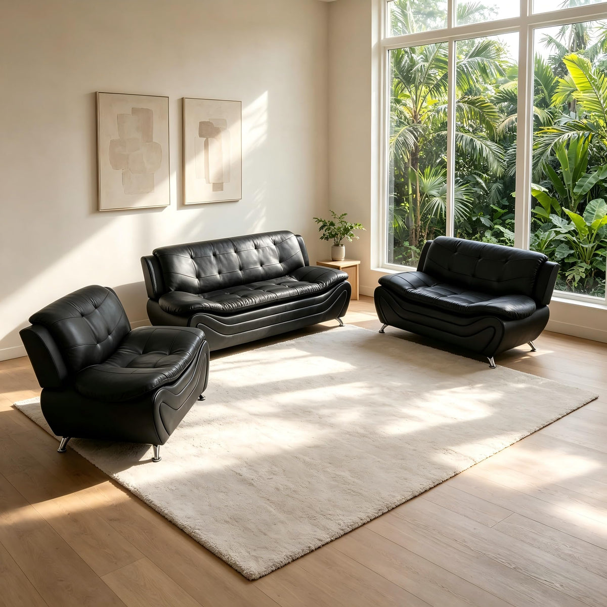 Creamy White Living Room Furniture Set, 2-Piece Modern Faux Leather Couches for Home, Living Room Sofa Sets, 3-Seater Sofa and Loveseat with Metal Feet, Couch Set for Bedroom, Hotel, Office