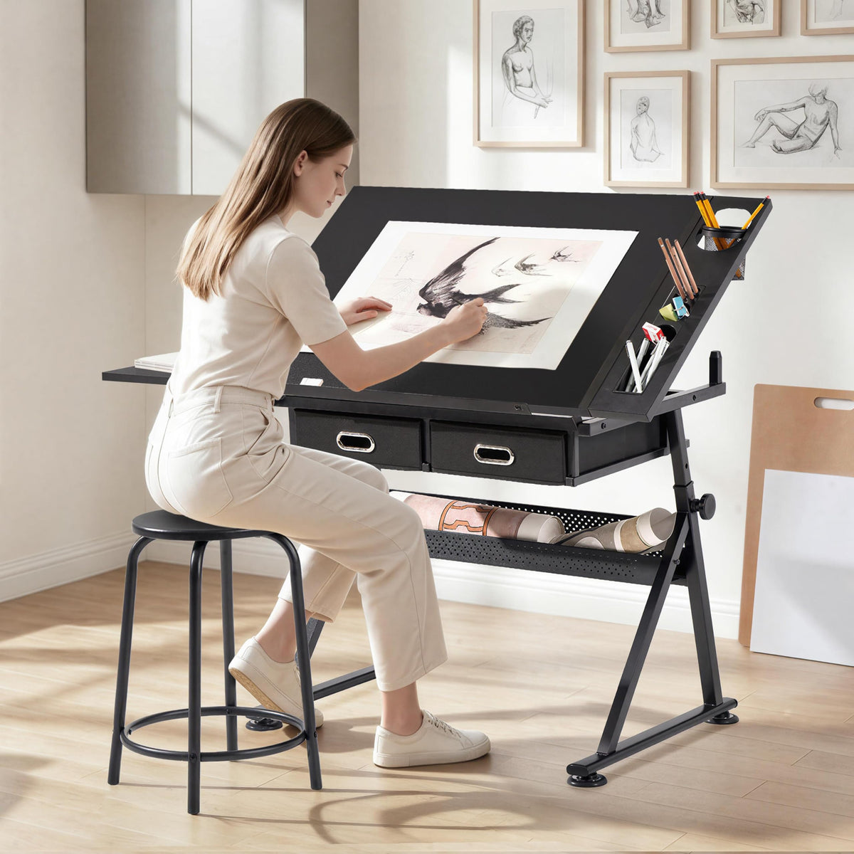 Yaheetech Adjustable Drafting Table Art Desk,Storage Drawers & Stool,White