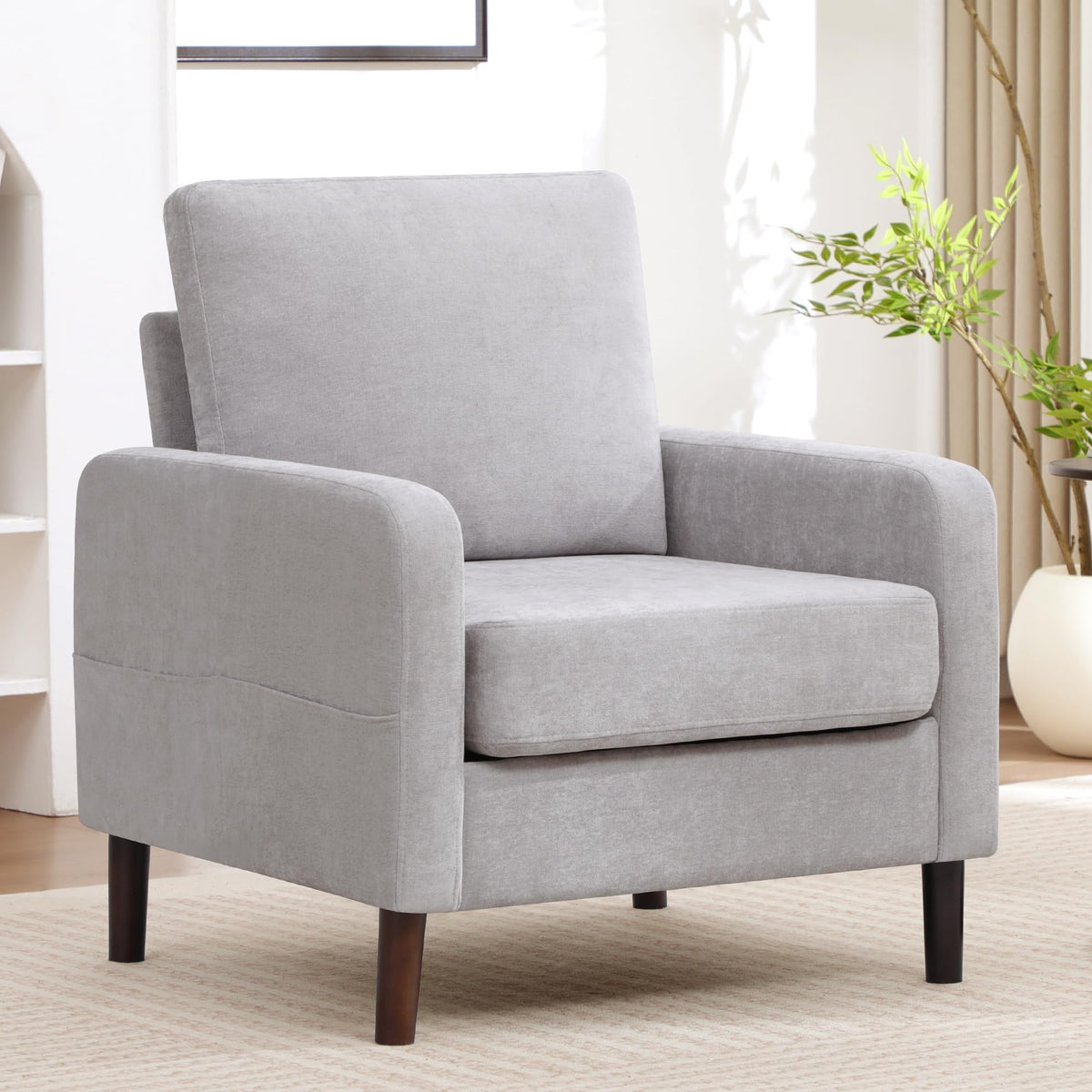 Accent Chair Set of 2, Upholstered Living Room Chairs with Wood Legs and Side Pockets, Modern Reading Chair for Bedroom, Armchair Single Sofa Side Chair for Office, Small Room, Dark Grey