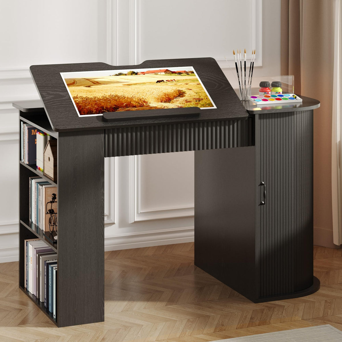 Drafting Table with Storage Cabinet & Drawers, Crafting Table with Open Shelves, Fluted Drawing Desk Computer Desk for Artists, Painters, Drawing, Crafting, Reading, Writing, Working