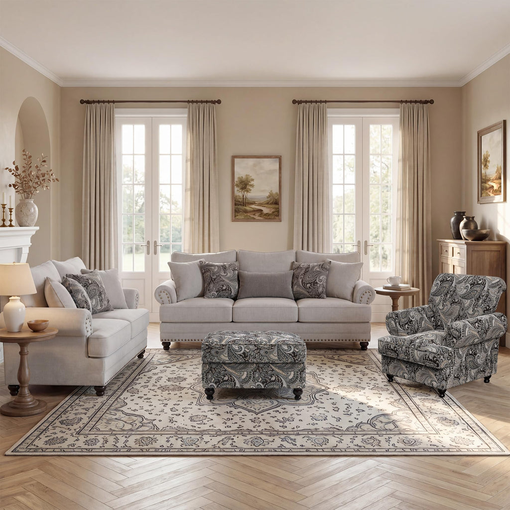 Modern Farmhouse Loveseat Sofa, Chenille Upholstery with Nailhead Trim, Small Couch for Living Room, Bedroom, Office, or Apartment, Includes 4 Accent Pillows