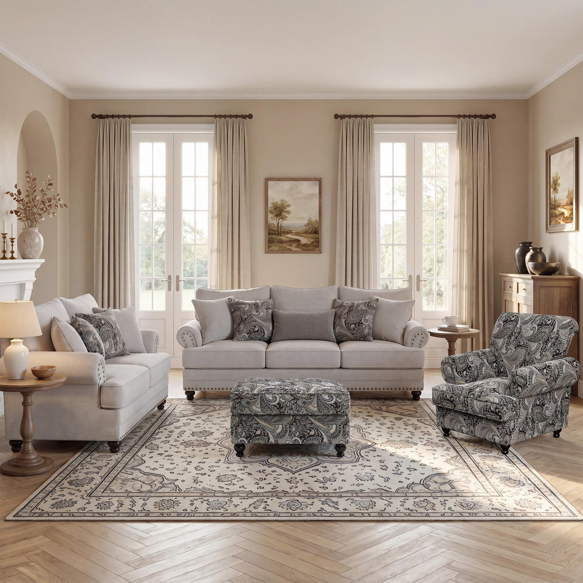 Modern Farmhouse Loveseat Sofa, Chenille Upholstery with Nailhead Trim, Small Couch for Living Room, Bedroom, Office, or Apartment, Includes 4 Accent Pillows