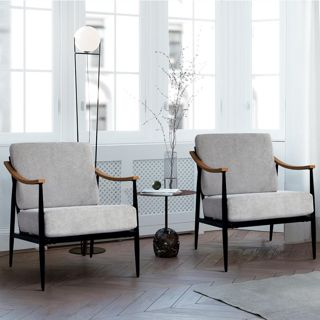 RNKSFX Modern Accent Chairs Set of 2 for Living Room Bedroom Mid Century Arm Chairs Upholstered Office Accent Chairs Comfy Waiting Room Chairs with Metal Frame, Beige