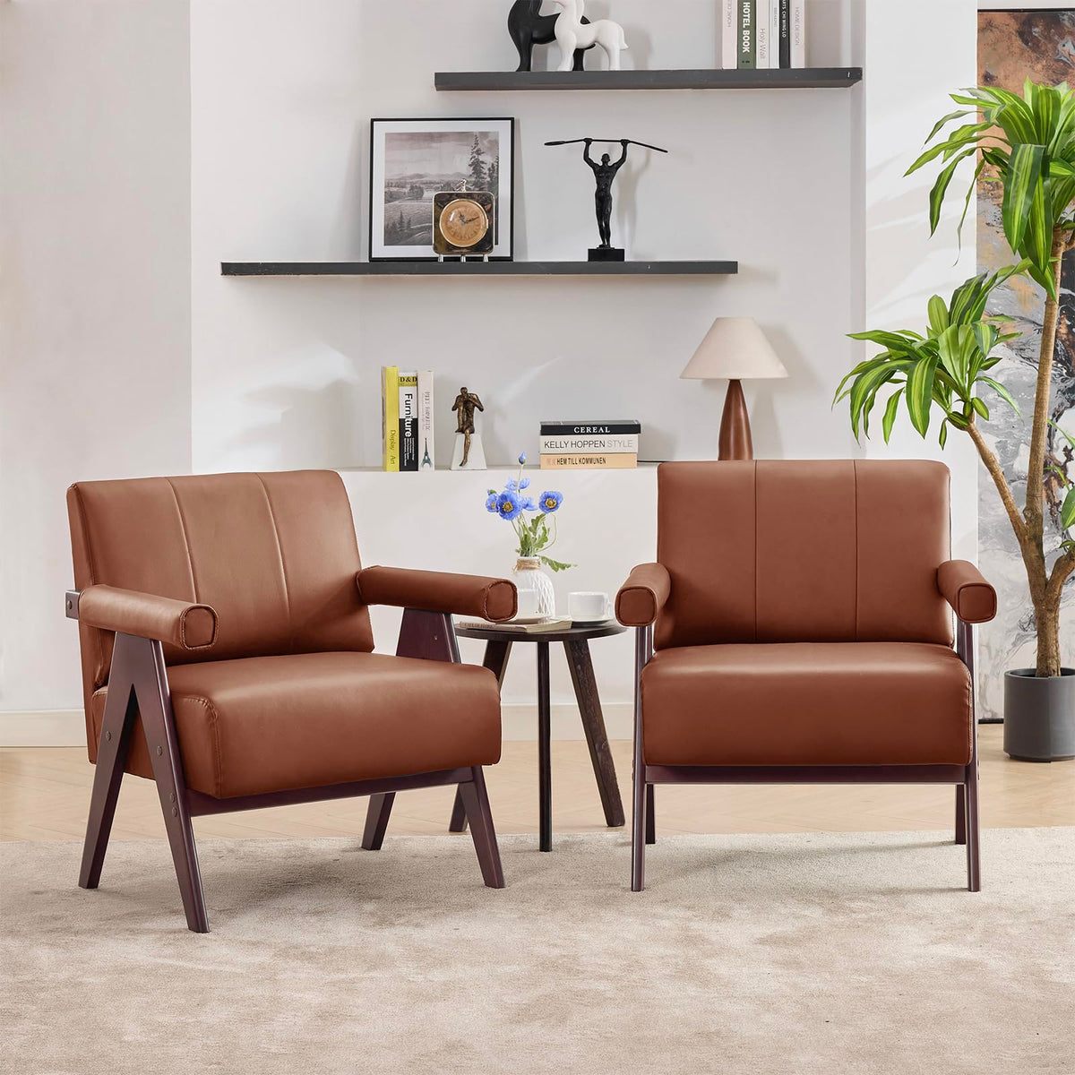 STHOUYN Faux Leather Accent Chairs Set of 2, Wooden Arm Chairs (Black)