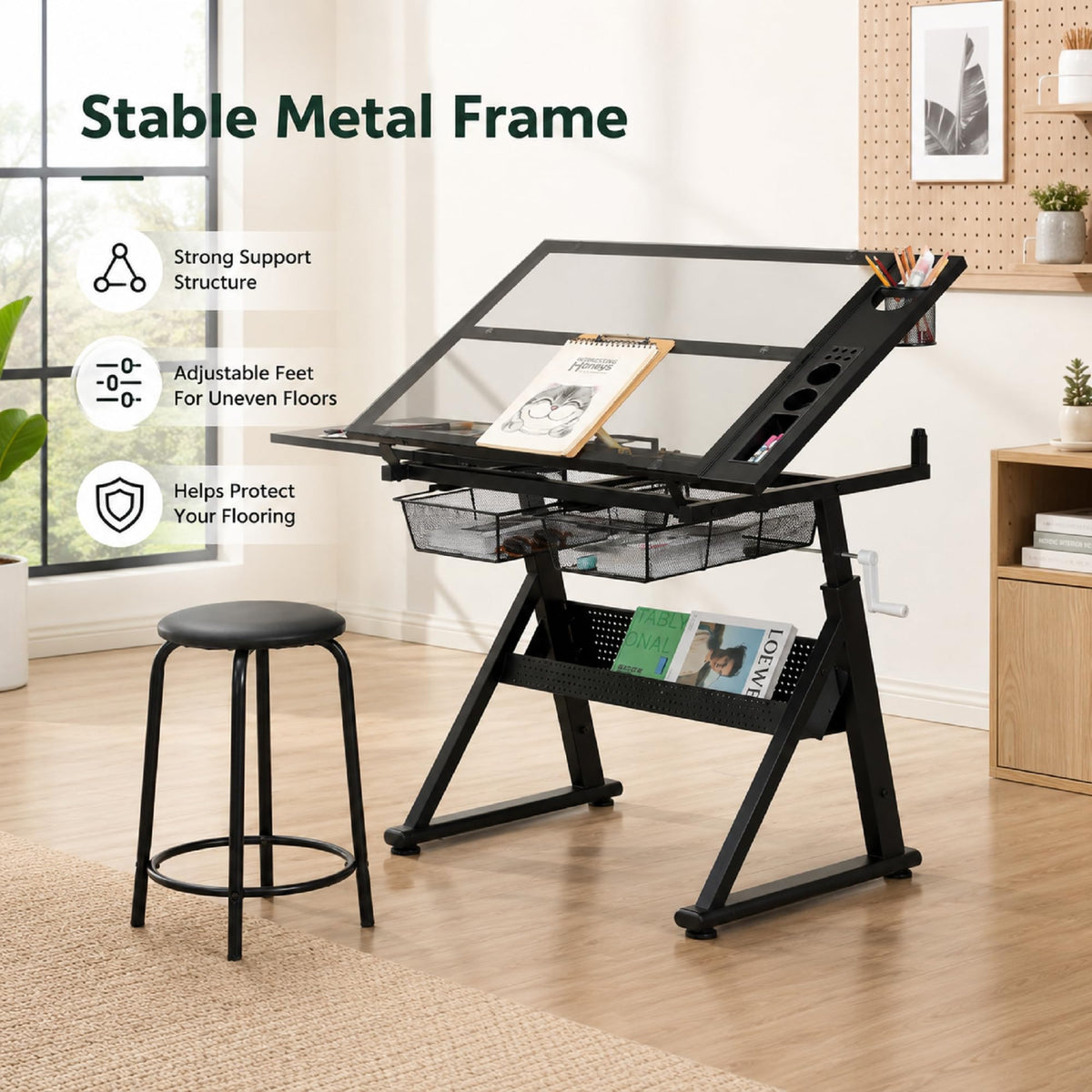 Drafting Table with Storage and Stool, Glass Art Desk for Adults Adjustable Height with 2 Metal Drawers, Craft Drawing Table Artist Desk with Extra Desktop for Reading/Writing/Studying (Black)