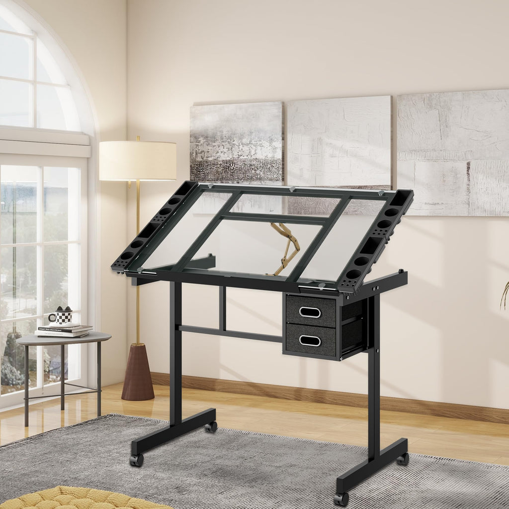 White Drafting Table with Stool, Height Adjustable Art Craft Desk with Tilting Tempered Glass Tabletop, Expansion Board, Multi-Storage, Drawing Table for Studio, Artists, Home Office, Painters, White