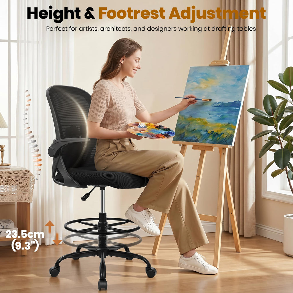Drafting Chair Tall Office Chair with Flip-up Armrests, Adjustable Height, and Enhanced Lumbar Support - Ergonomic Rolling Stool, Back Support, and Adjustable Foot Rest Ring for Standing Desk White