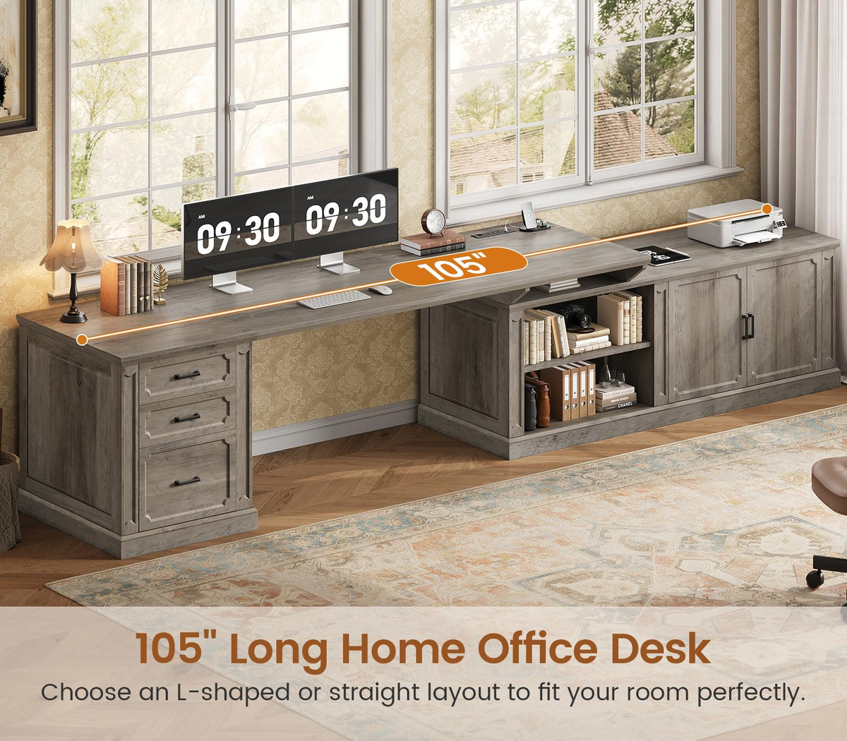 SEDETA Farmhouse 70.9" Executive Desk, Home Office Desk with File Drawers and Storage Cabinet, Computer Desk with Power Outlet for Home Office, Work Study Writing, Black+Brown