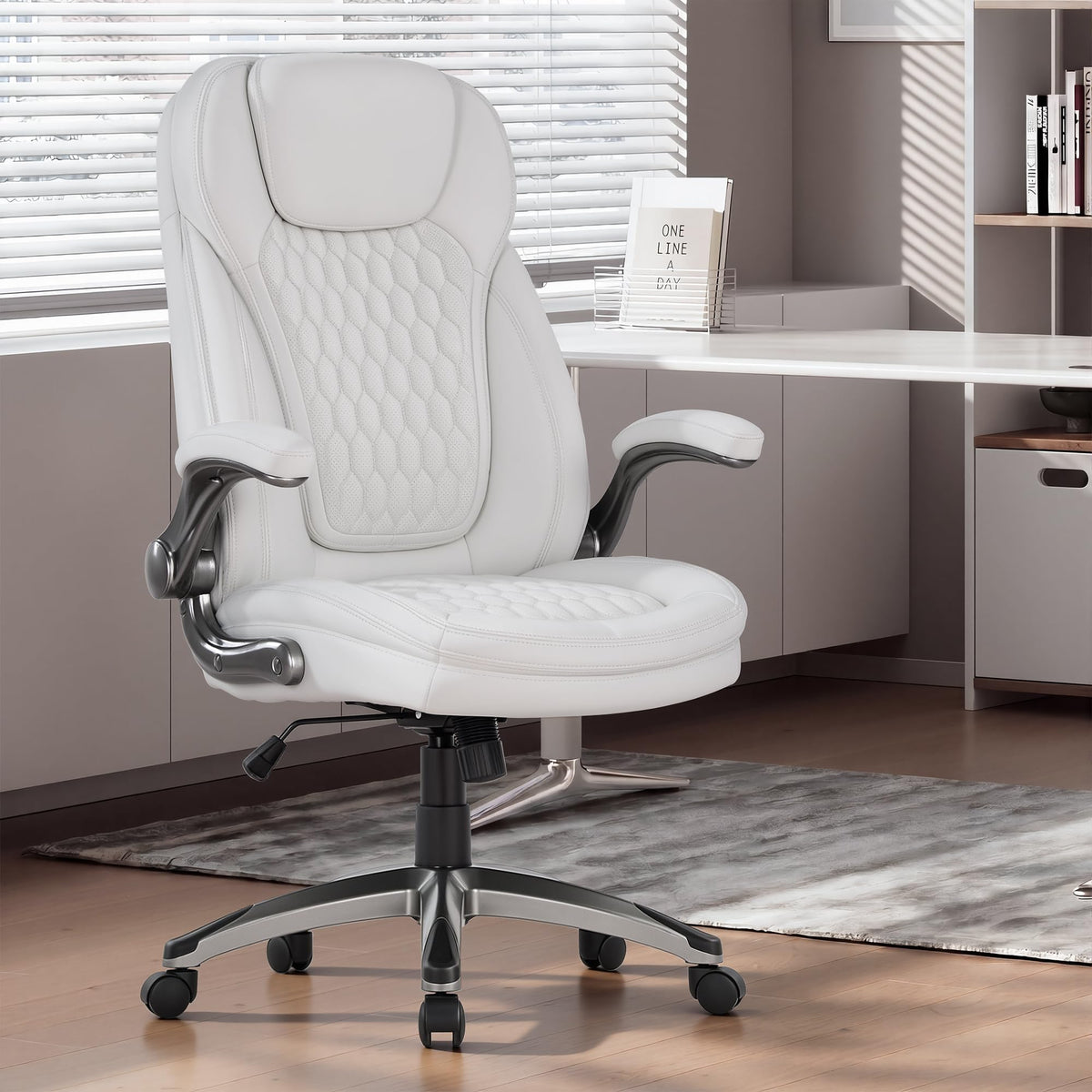 COLAMY High Back Executive Office Chairs, Ergonomic PU Leather Desk Chairs with Flip-Up Armrests, Adjustable Height, Lumbar Support, Comfortable Computer Chairs for Home Office, Set of 2
