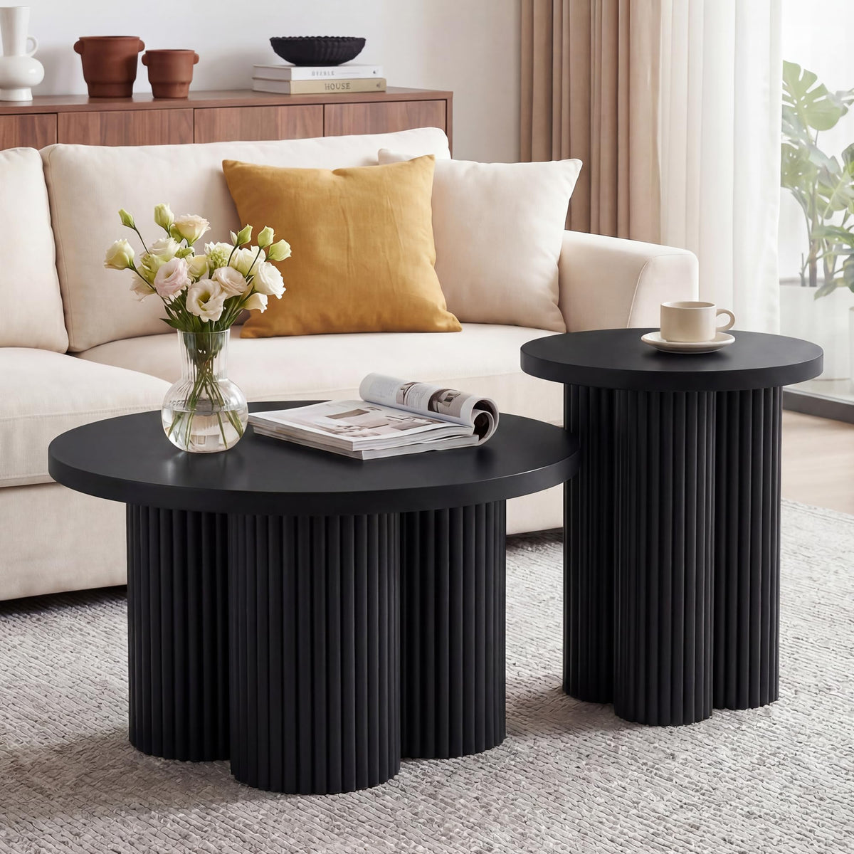 Round Nesting Coffee Table Set of 3 Fluted Coffee Table (Natural)