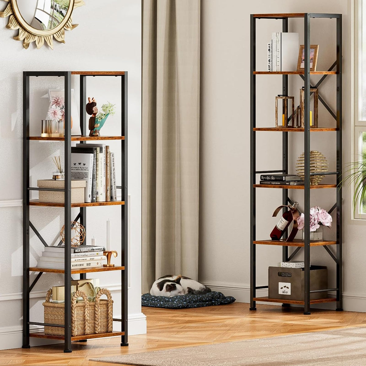 Furologee 5 Tier Book Shelf Set of 2, Tall Wide Bookshelf, Rustic Brown