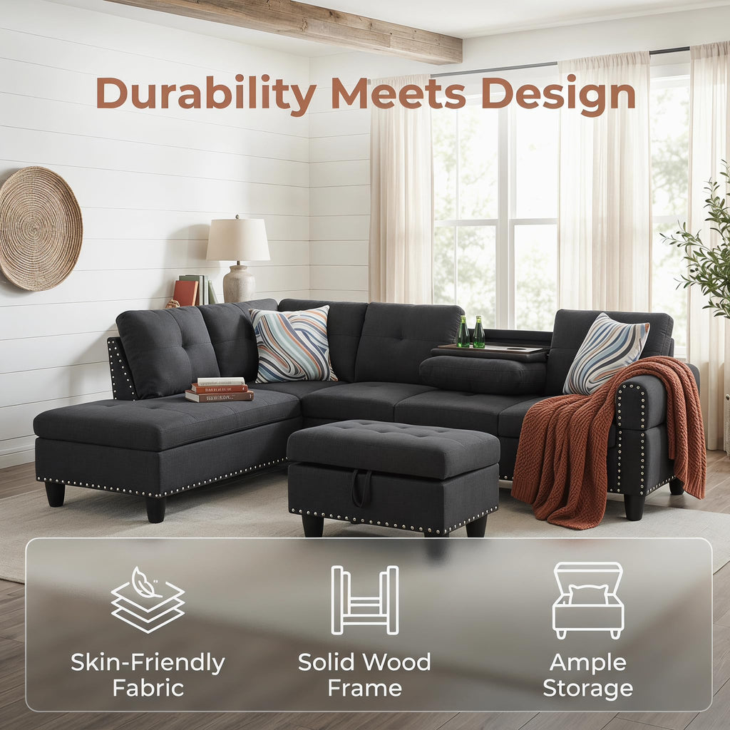 97.5" Leather L Shaped Couch with Left Chaise & Cup Holder, Sectional Sofas Modular Furniture Set with Storage Ottoman, Convertible Couches for Living Room, Office & Small Space (Black)