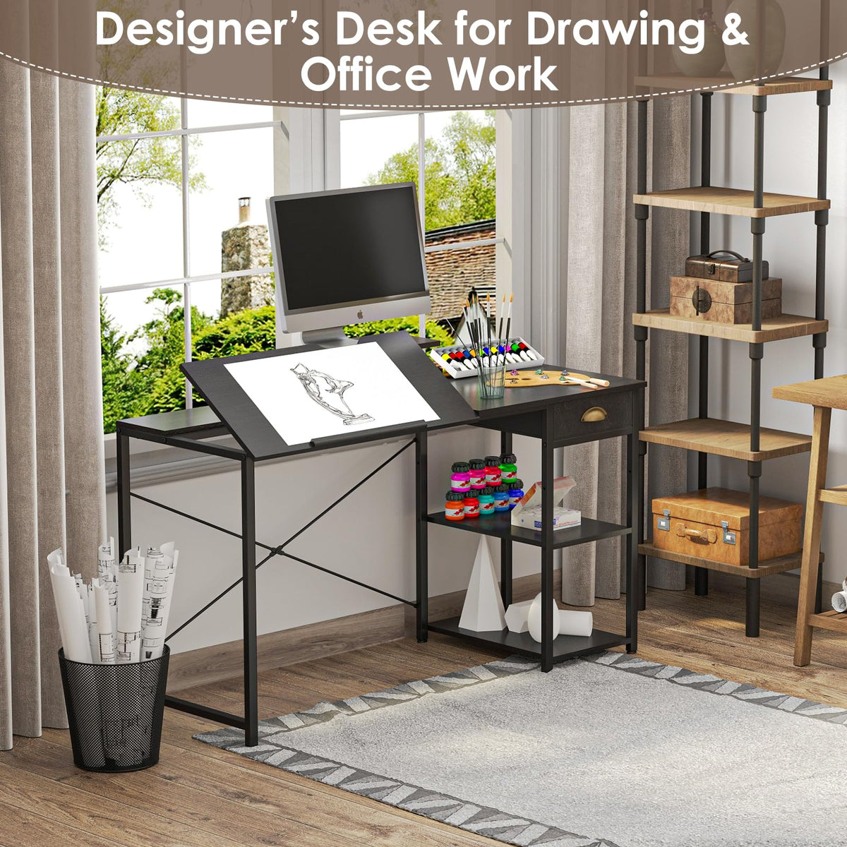 X-cosrack Adjustable Drafting Table with Storage Drawer & Monitor Stand