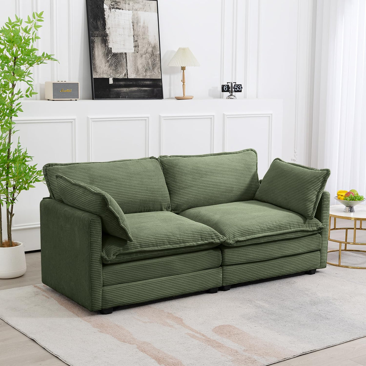 ROWHY 41'' Single Armchair with Ottoman, Modern Corduroy Cloud Couch with Convertible Chaise, Upholstered Sofa Set for Living Room, Green