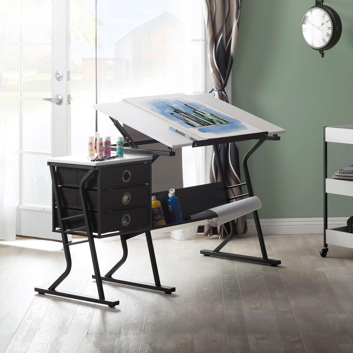 2 Piece Eclipse Ultra Center/Drawing Table with Stool, Angle Adjustable Top, Storage Shelves, and Drawers