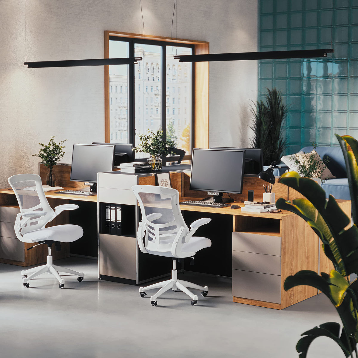 Flash Furniture Set of 4 Mid-Back Swivel Ergonomic Task Office Chairs with Flip-Up Arms, Black Mesh