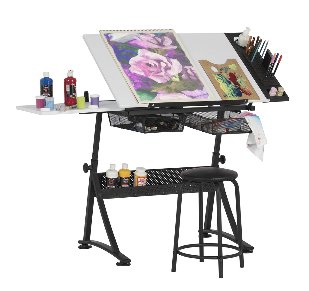 Studio Designs Fusion Drafting Table with Integrated LED Light Pad, Height & Angle Adjustable Tempered Glass Light Table, Artograph Light Pad, Storage Drawers & Side Shelf