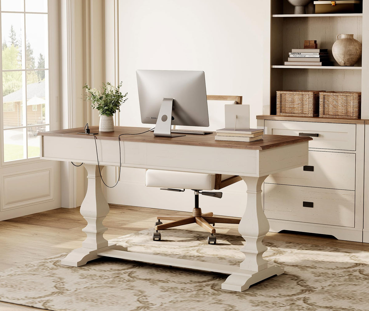 WAMPAT 60-inch Vintage Farmhouse Desk with Charging Station &3 Deep Drawers