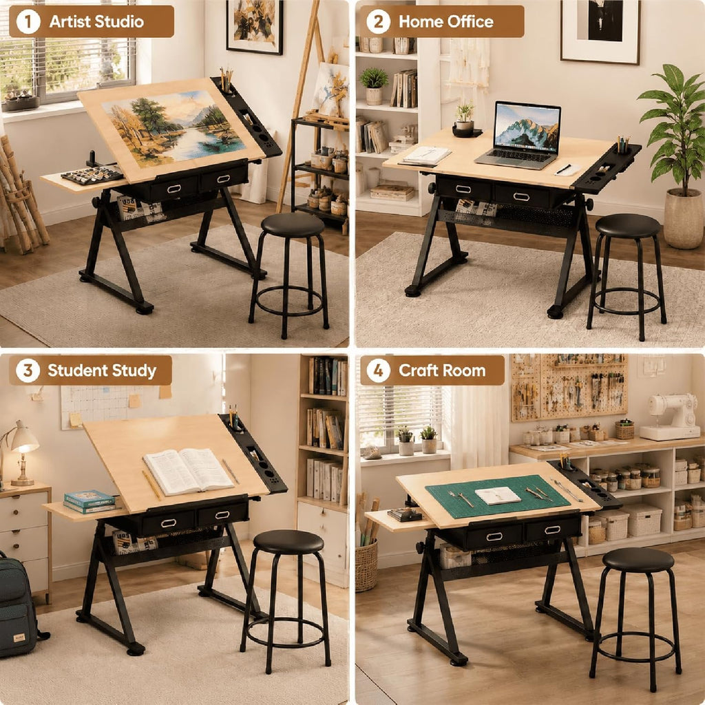 Adjustable Drafting Table with Stool, Tilt-Top Drawing Desk with 2 Drawers