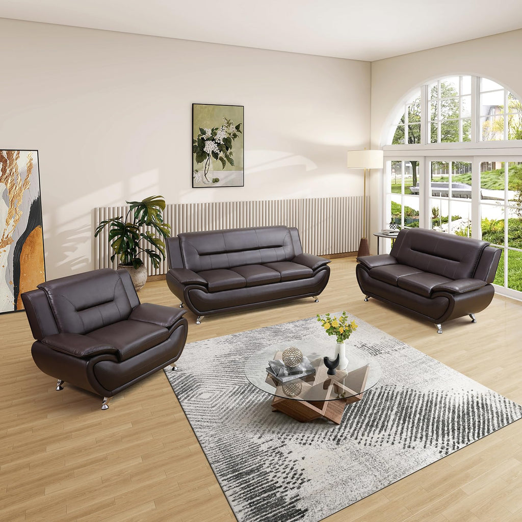 Modern Leather Sofa Set, Living Room Furniture, 3 - Piece Couch Set, Faux Leather Couch Loveseat Chair Set with Sturdy Legs for Living Room/Bedroom/Office,Black