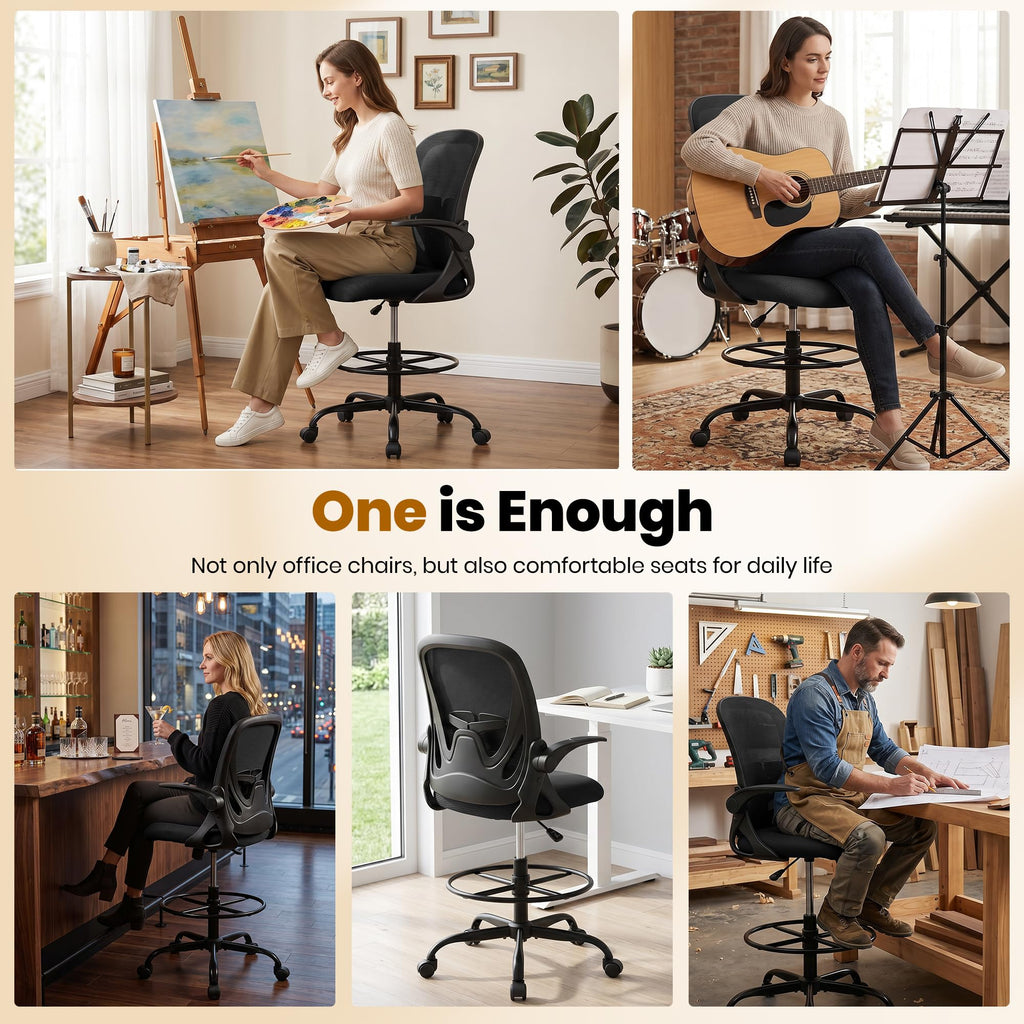 Drafting Chair Tall Office Chair with Flip-up Armrests, Adjustable Height, and Enhanced Lumbar Support - Ergonomic Rolling Stool, Back Support, and Adjustable Foot Rest Ring for Standing Desk White