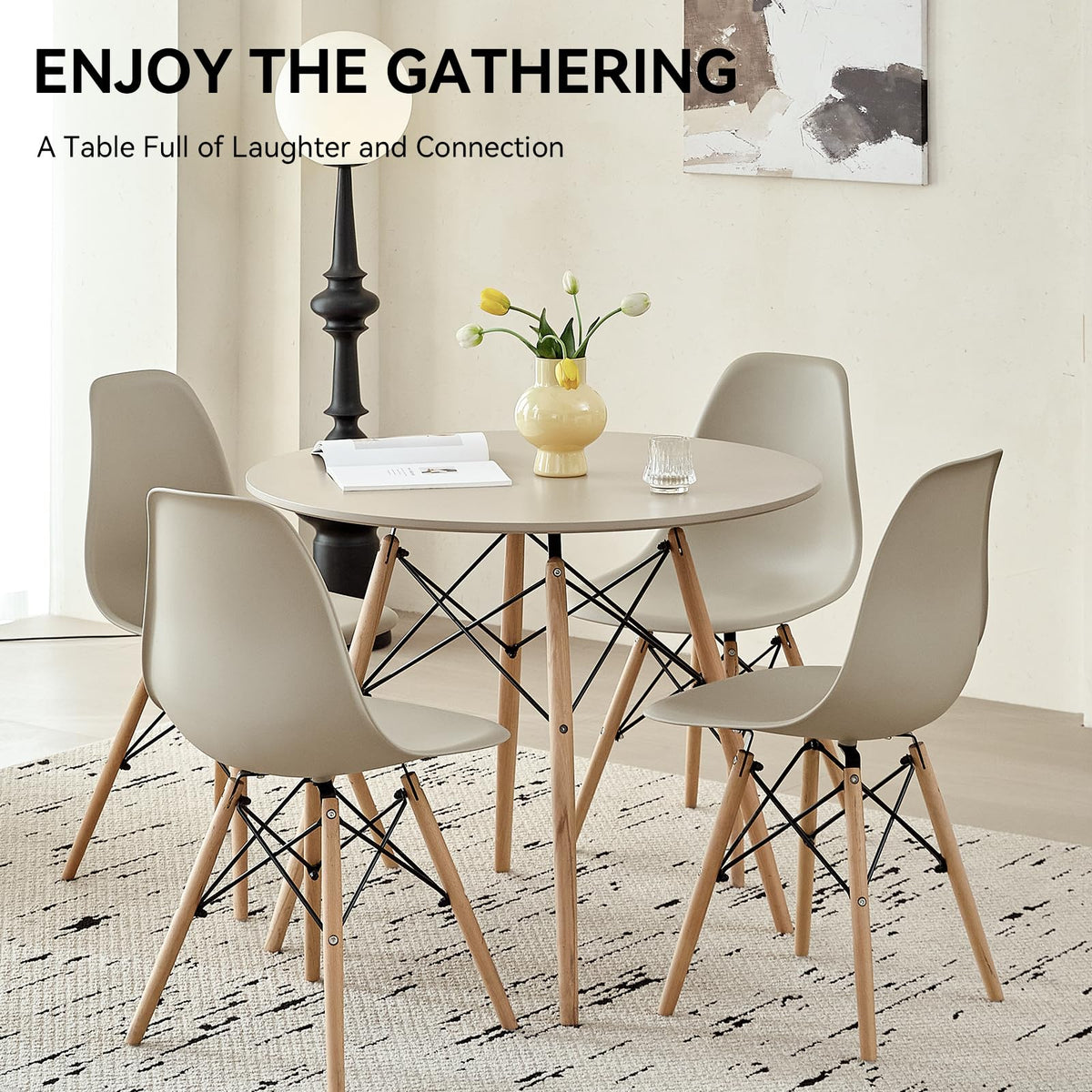 5-Piece Round Dining Set, 35.5" Black Table & Light Gray Chair