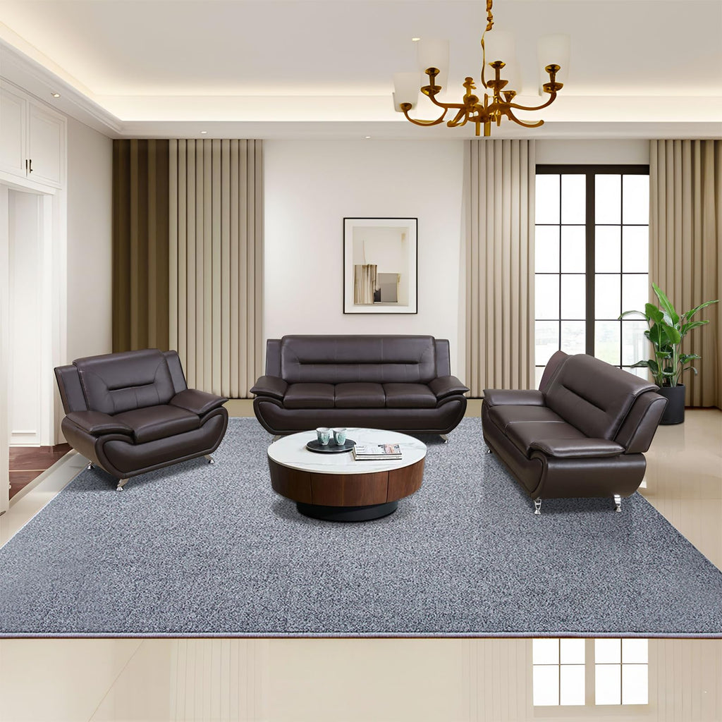 Modern Leather Sofa Set, Living Room Furniture, 3 - Piece Couch Set, Faux Leather Couch Loveseat Chair Set with Sturdy Legs for Living Room/Bedroom/Office,Black