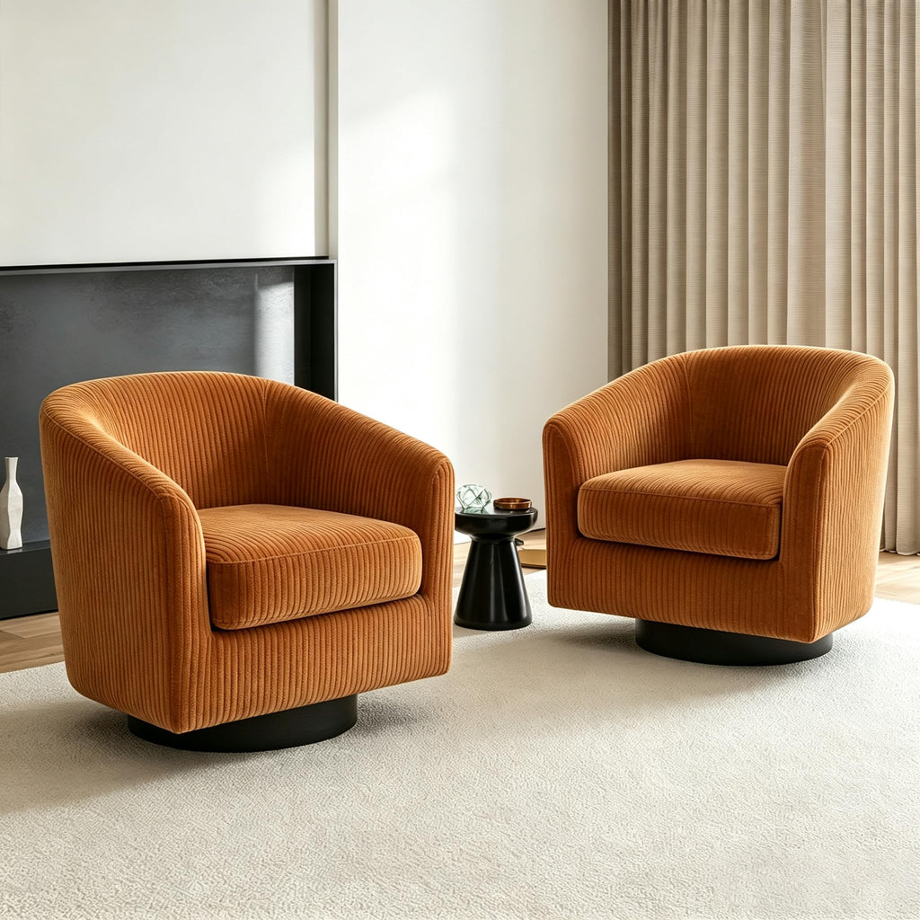 Faux Leather Swivel Accent Chairs Set of 2, Barrel Armchair, Brown