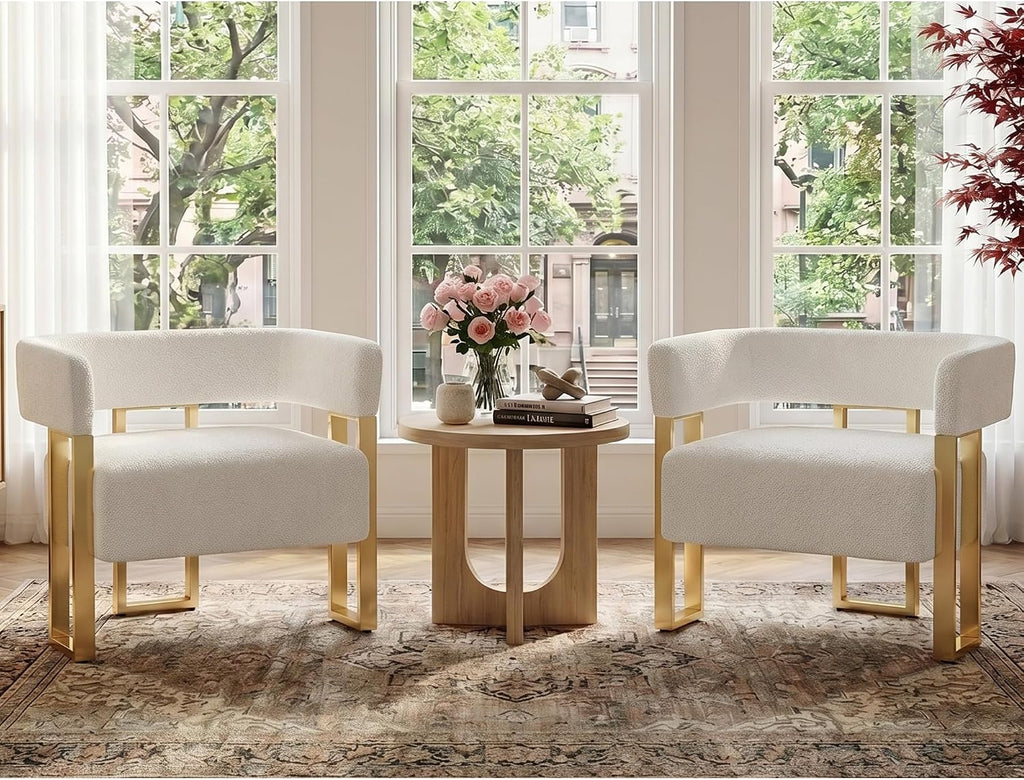 Mid Century Modern Accent Chair Set of 2, Barrel, White Boucle, Gold Leg